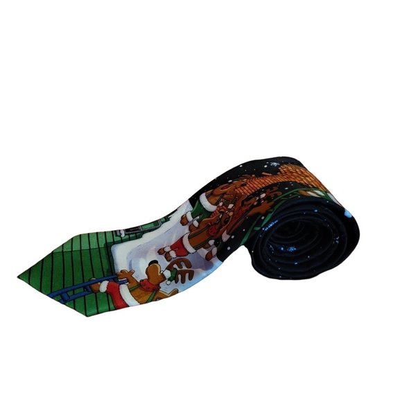 MMG Yule Hallmark Christmas Tie Navy Blue Santa Stuck in the Fireplace - Picture 2 of 12